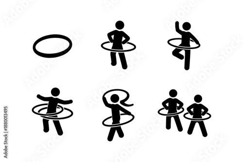 Silhouette figures with hula hoops in various dance poses