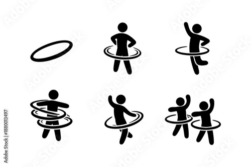 Silhouette figures with hula hoops engaged in various dance poses