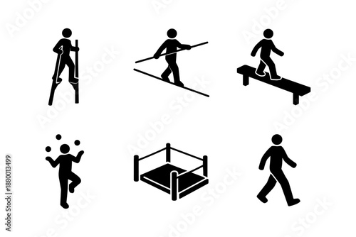 Circus performer icons: silhouette figures on stilt, tightrope, balance beam, juggling, boxing ring