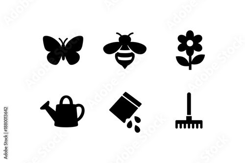 Minimalist nature and gardening icons set featuring butterfly, bee, and flower designs