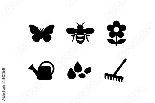Garden icons set: silhouette of butterfly, bee, flower, tools, and water drops