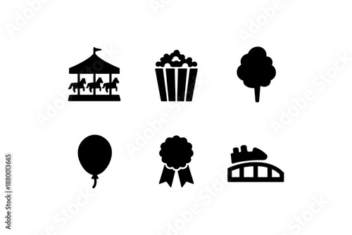 Amusement park icons set: carousel, popcorn, cotton candy, balloon, ribbon, roller coaster