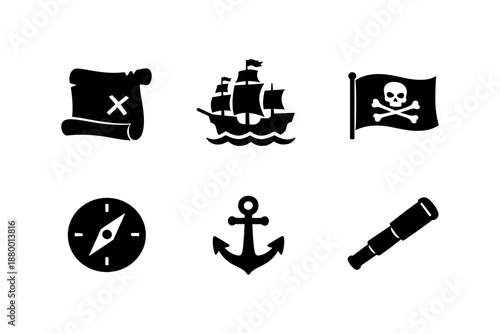 Pirate adventure icons: map, ship, jolly roger, compass, anchor, telescope silhouettes