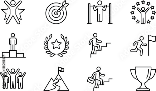 Black And White Vector Icon Set Of Success And Achievement Featuring Winners Trophies Targets Stars Mountain Climbing Career Progress Leadership And Motivational Symbols