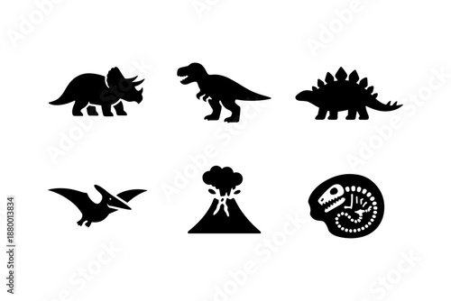 Silhouette dinosaurs and prehistoric elements set for design projects