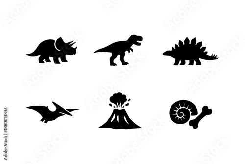 Prehistoric silhouette icons: dinosaurs, volcano, and fossil elements