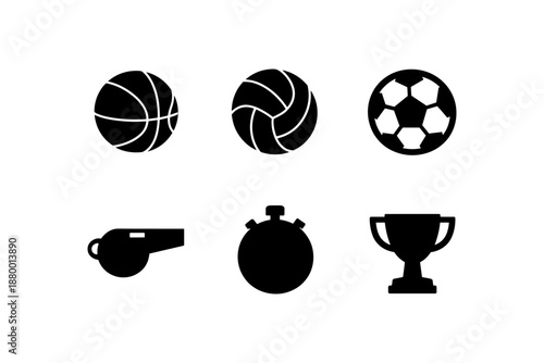 Silhouette sports icons: basketball, volleyball, soccer, whistle, stopwatch, trophy