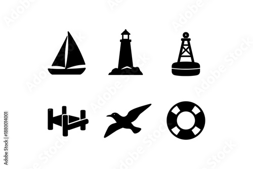 Nautical silhouettes: sailboat, lighthouse, buoy, dock, seagull, lifebuoy icons