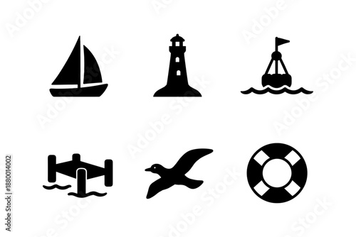 Nautical icons set: sailboat, lighthouse, buoy, dock, seagull, lifebuoy
