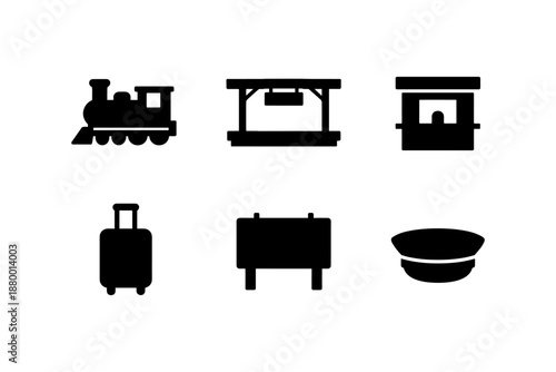 Silhouette icons of train, suitcase, and travel elements