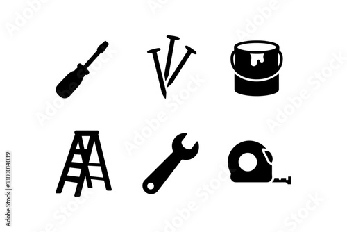 Diy tools icons: screwdriver, nails, paint bucket, ladder, wrench, tape measure