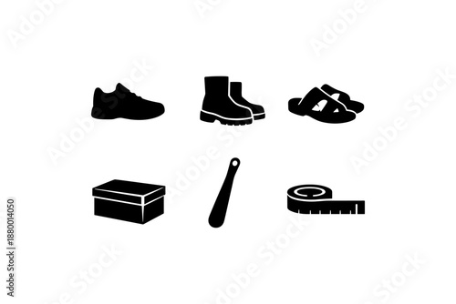 Footwear and accessories set: shoes, boots, sandals, shoe box, shoehorn, and tape