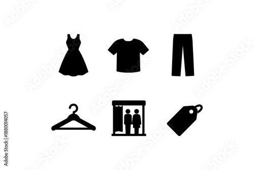Minimalist fashion icons: dresses, shirts, pants, hangers, dressing room, price tag