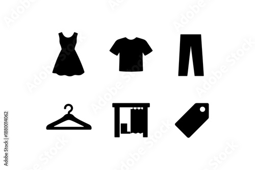 Minimalist clothing icons: dress, t-shirt, pants, hanger, fitting room, tag