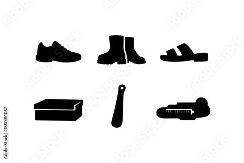 Silhouette icons of footwear and accessories: sneakers, boots, sandals, shoe box, and more
