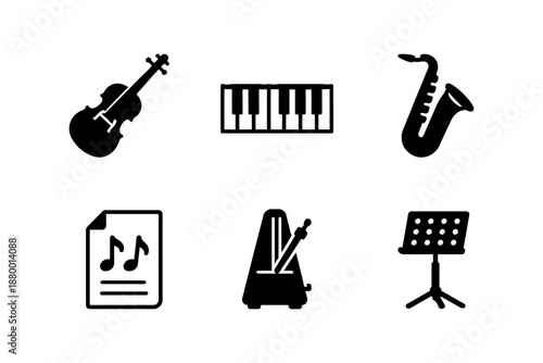 Minimalist music icons: instrument, sheet music, metronome, and stand