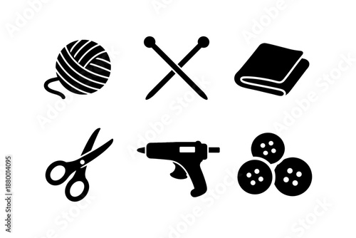 Crafting essentials: yarn, needles, and tools for diy projects in black and white silhouette