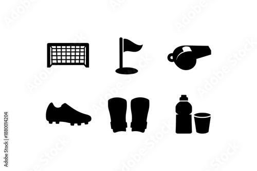 Soccer icons set featuring equipment and gear in silhouette style
