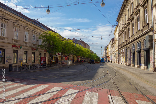 Zagreb, Croatia - 05.16.2025: ancient buildings and tram lines in old town