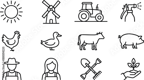 Black And White Vector Icon Set Of Farming And Agriculture Featuring A Tractor Windmill Sun Chicken Duck Cow Pig Farmer Hand Tools And Sprout