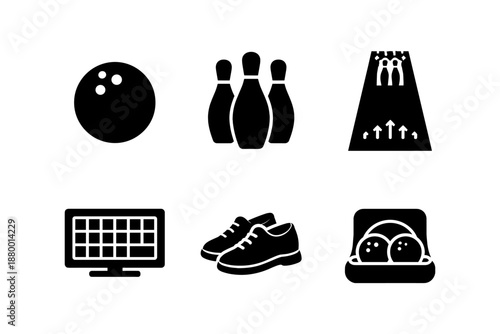 Bowling essentials silhouette: pins, ball, shoes, lanes, and scoreboard designs