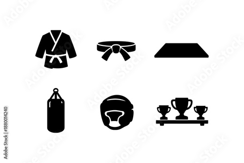 Martial arts silhouette icons featuring uniform, belt, and training equipment