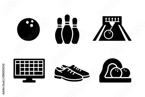 Bowling silhouette icons: pins, ball, shoes, and lane set