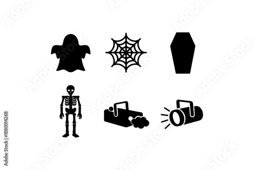 Halloween icons: ghost, web, coffin, skeleton, smoke, flashlight in silhouette style