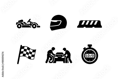 Racing elements set: helmet, pit crew, checkered flag, stopwatch, go-kart icons