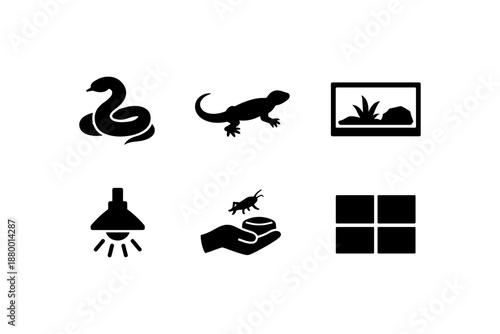 Minimalist reptile icon set: snake, gecko, and terrarium symbols in black silhouette style