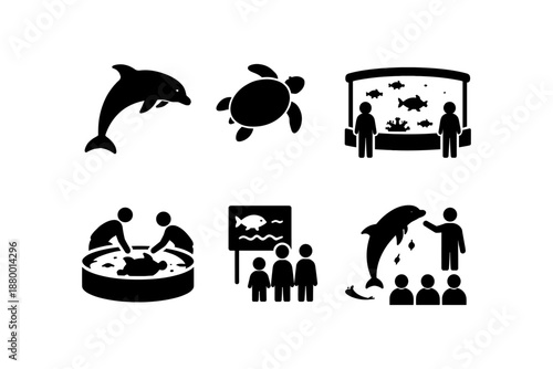 Aquatic life icon set: dolphin, turtle, aquarium, and marine interaction silhouettes