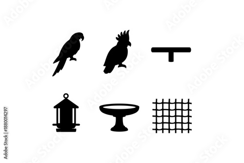 Bird care essentials: perch, feeder, birdbath, cage grid icons