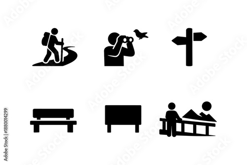 Outdoor adventure icons: hiking, birdwatching, and park activities in bold silhouette style