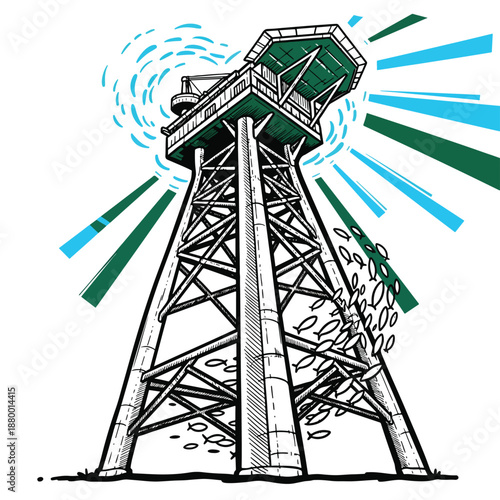 Illustration of a lighthouse with fish swimming around it and radiating lines of light or energy