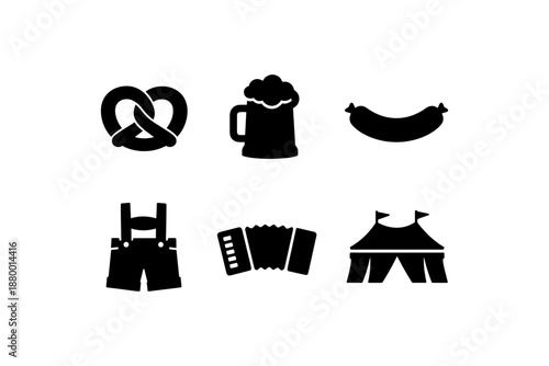 Silhouette icons of oktoberfest: beer, pretzel, sausage, lederhosen, accordion, tent