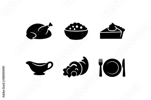 Thanksgiving feast silhouettes: turkey, pie, harvest icons on white background