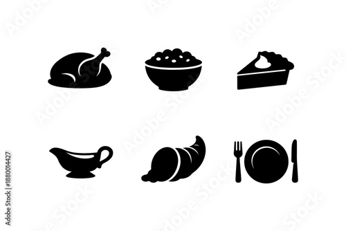 Thanksgiving silhouette icons: turkey, pie, and more – essential holiday cuisine symbols