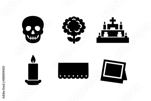 Silhouette day of the dead elements: skull, candle, altar, marigold, papel picado