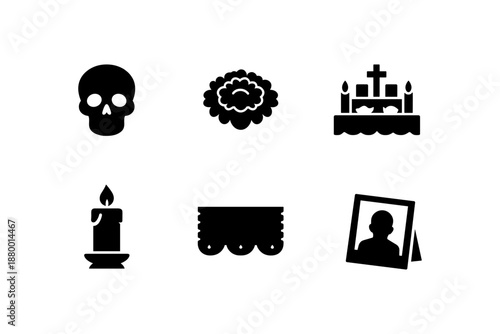 Day of the dead icon set: skull, flowers, altar, candle, marigold, photo frame