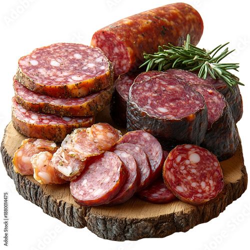 Variety of sliced meats arranged on wooden platter