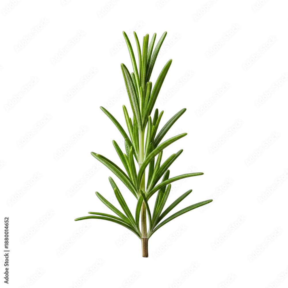 Fototapeta premium Fresh rosemary sprig, artfully arranged with sharp focus on textured green leaves and woody stem. Isolated on transparent background, ideal for clean cutouts, culinary branding, food photography,