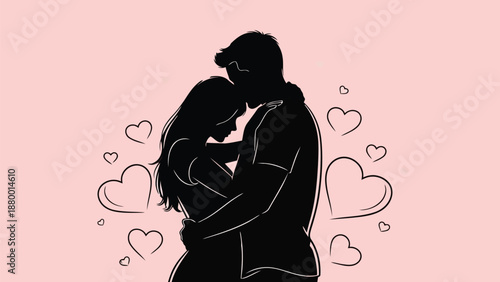Silhouette of a Couple Embracing Surrounded by Hearts love romance