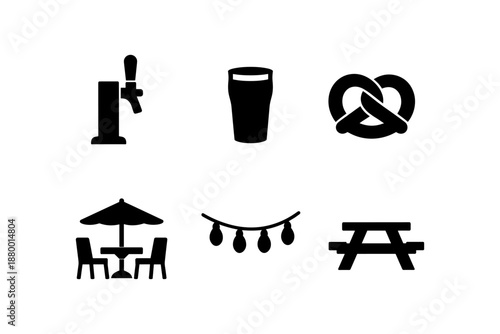 Summer beer garden icons: silhouette of beer tap, glass, pretzel, patio table, lights, picnic bench