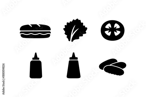 Silhouette fast food icons: sandwich, lettuce, tomato, sauce bottle, pickles