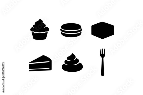 Black silhouette icons of desserts and dining essentials