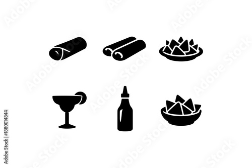 Minimalist food icons: burrito, tacos, nachos, cocktail, sauce bottle