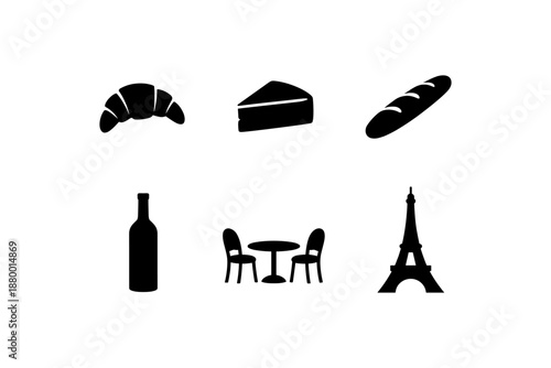 Icon set of french cuisine and landmarks in silhouette style