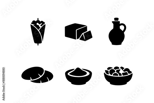 Silhouette icons of mediterranean food ingredients and dishes