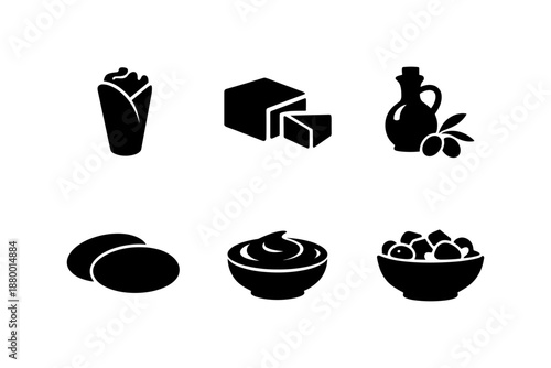 Greek cuisine icons: gyro, cheese, olive oil, pita, dip, salad