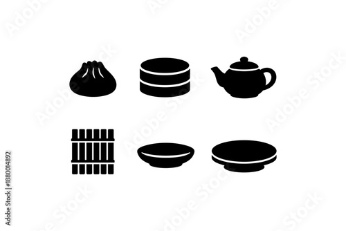 Silhouette icon set of asian cuisine elements: dumpling, steamer, teapot, sushi, bowl, and plate
